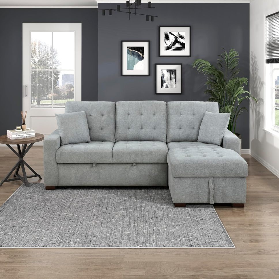 Sleeper Sofa. L Shape Sectional Couch with Right Storage Chaise and Pull Out Sofa Bed. Grey