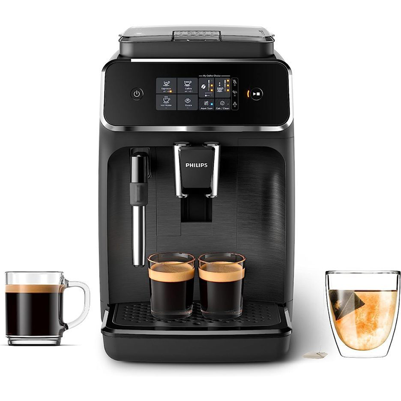 Philips 2200 Series fully automatic espresso machine - classic milk frother. 2 coffee varieties. intuitive touch display. black
