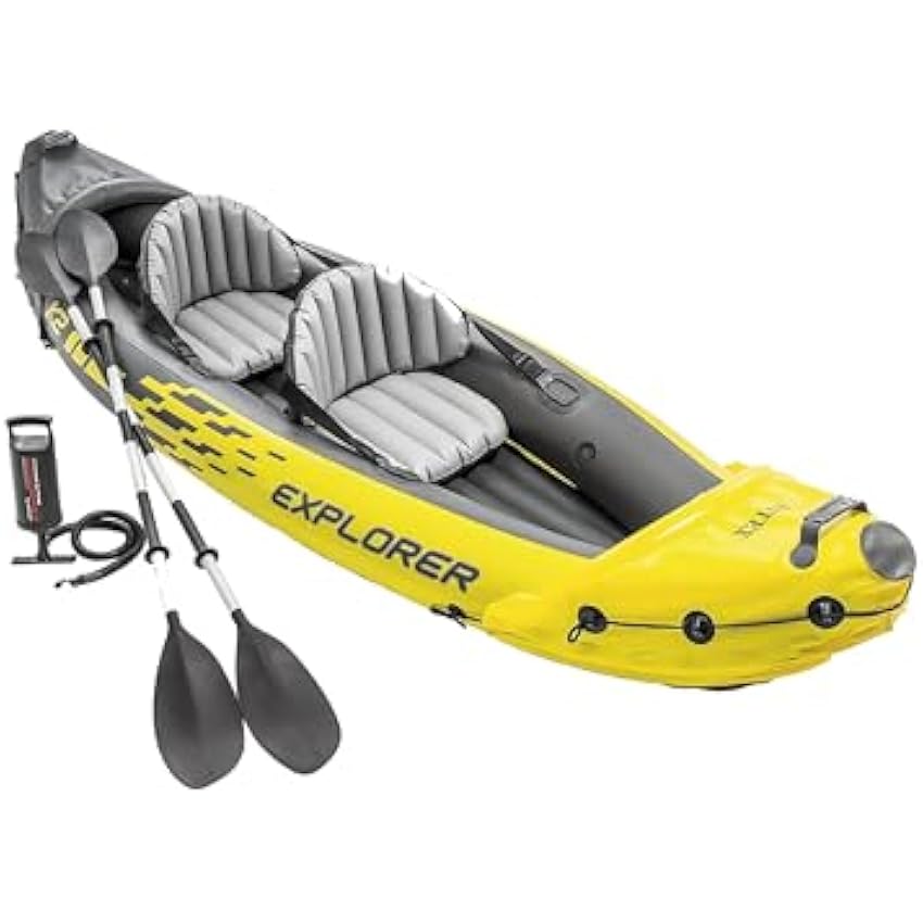 Intex 68307EP Explorer K2 Inflatable Kayak Set: Includes Deluxe 86in Aluminum Oars and High-Output Pump – SuperStrong PVC – Adjustable Seats with Backrest – 2-Person – 400lb Weight Capacity