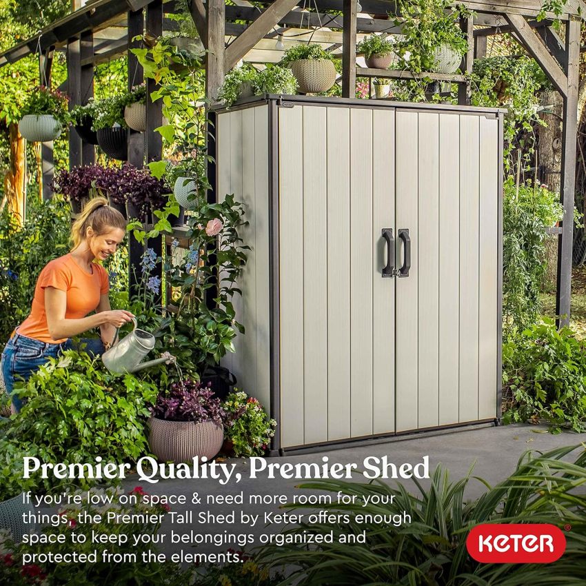 Keter Premier Tall 4.6 x 5.6 ft. Resin Outdoor Storage Shed with Shelving Brackets for Patio Furniture. Pool Accessories. and Bikes. Grey & Black