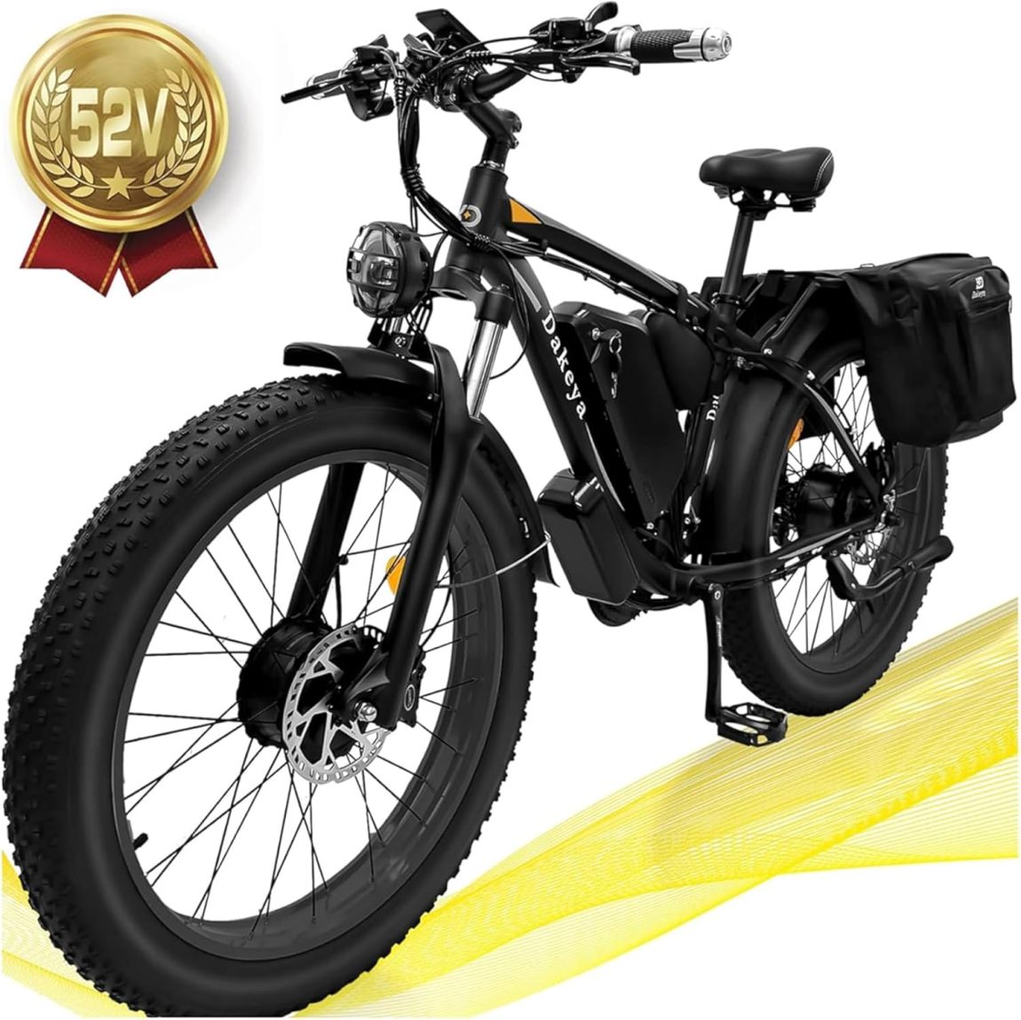 Dakeya Dual Motor Ebike.52V 23AH Battery Electric Bike for Adults AWD 2000W Peak 3600W.21-Speed 37MPH Mountain Snow Ebike with Removable.26 x 4.0 Fat Tire E-Bike with Cycling Pannier Bag