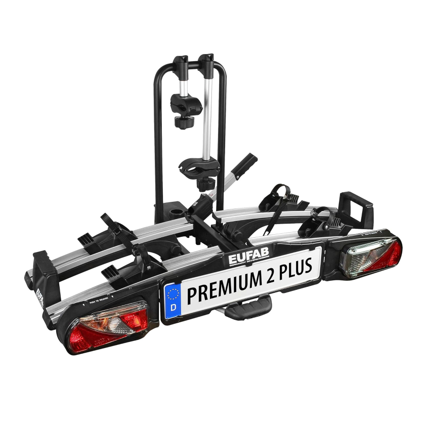 EUFAB 11523 Premium 2 Plus Bicycle Carrier. Suitable for E-Bikes. Large Tailgates. Fully Pre-Assembled. Anti-Theft Protection. for 2 Bicycles. for Trailer Coupling. Black/Grey. W x H x D Approx. 115 x