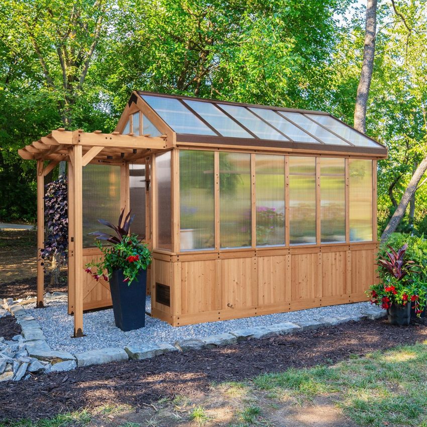 Backyard Discovery Bellerose Traditional Wood Greenhouse. All Cedar. Exterior and Interior Hose Hook-up. PowerPort. Foldable Shelves. Passive and Active Ventilation