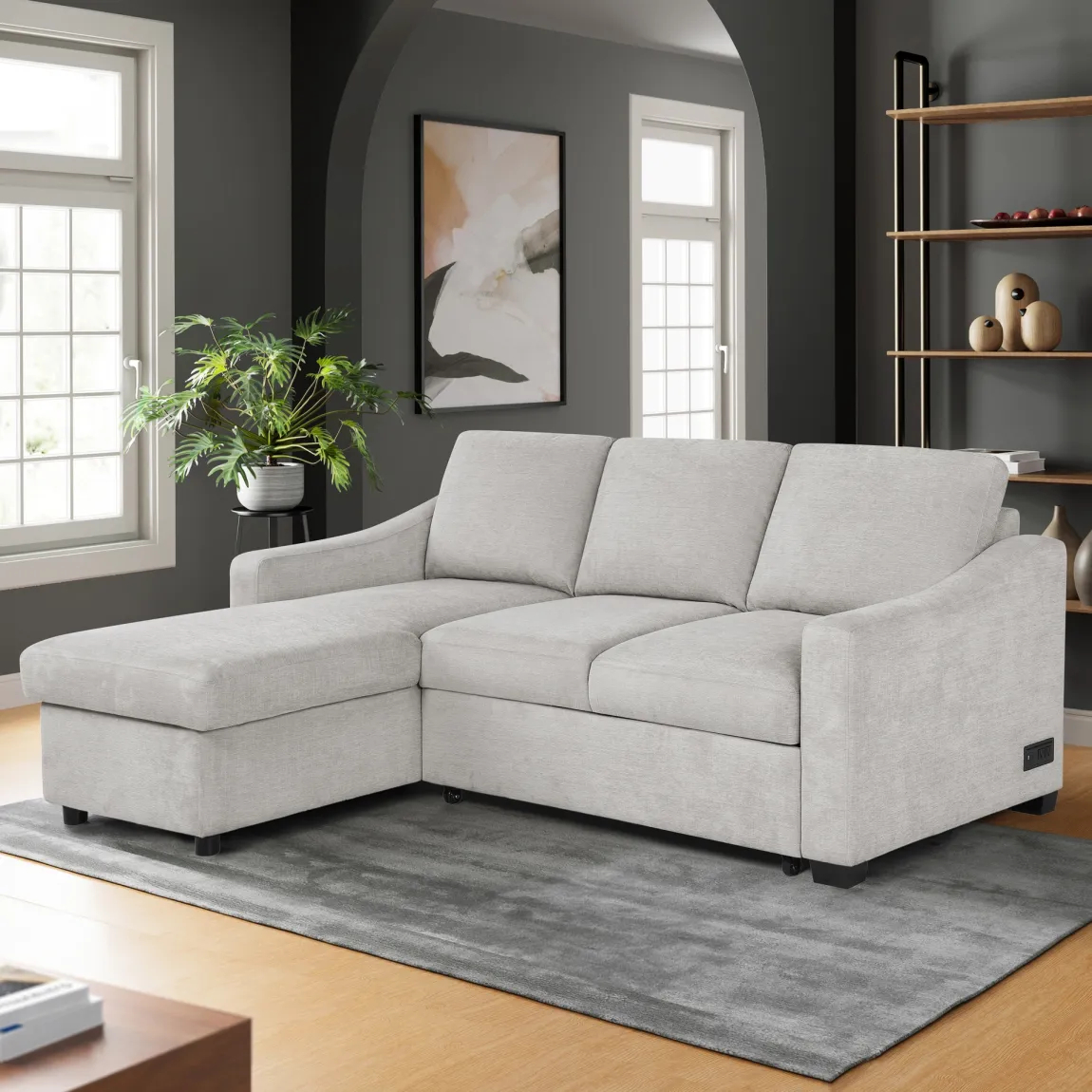 Coddle Aria Fabric Sleeper Sofa with Reversible Chaise and Storage. Beige/Gray