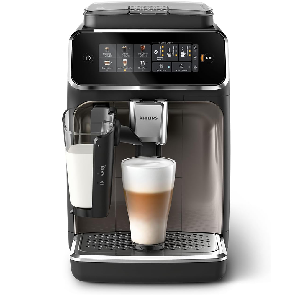 Philips 3300 Series Fully Automatic Espresso Machine - 6 Drinks. Modern Colour Touch Screen Display. LatteGo Milk System. SilentBrew. 100% Ceramic Grinder. AquaClean Filter. Black Chrome (EP3347/90)